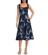 Trina Turk Valor Printed Jacquard Square Neck Sleeveless A-Line Midi Dress