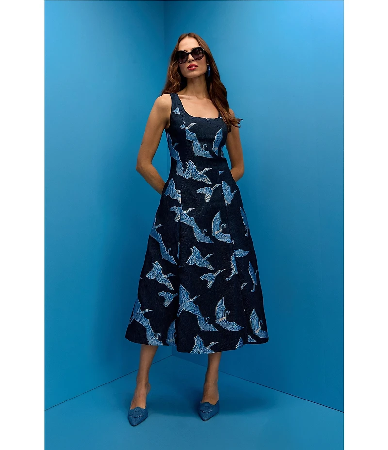 Trina Turk Valor Printed Jacquard Square Neck Sleeveless A-Line Midi Dress