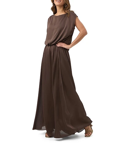 Trina Turk Vantage Crinkle Georgette Boat Neck Short Sleeve Blouson Maxi Dress