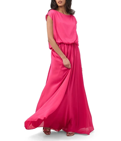 Trina Turk Vantage Crinkle Georgette Boat Neck Short Sleeve Blouson Maxi Dress