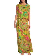 Trina Turk Vantage Printed Georgette Boat Neck Sleeveless Blouson Maxi Dress