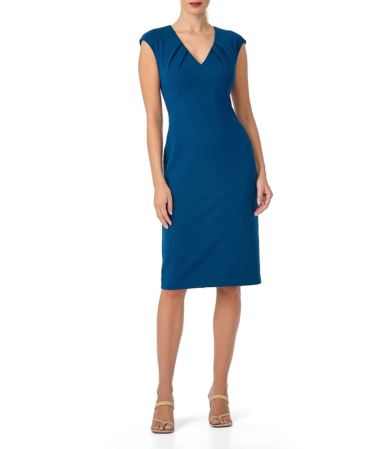 Trina Turk Vibrant Crepe Knit Pleated V-Neck Cap Sleeve Dress