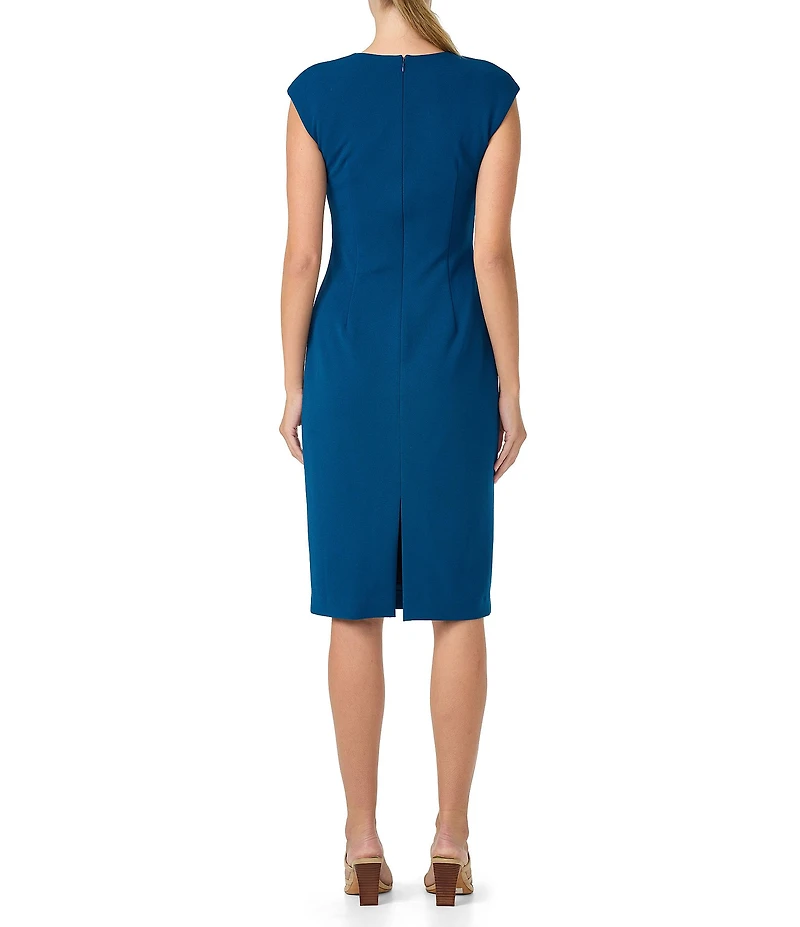 Trina Turk Vibrant Crepe Knit Pleated V-Neck Cap Sleeve Dress