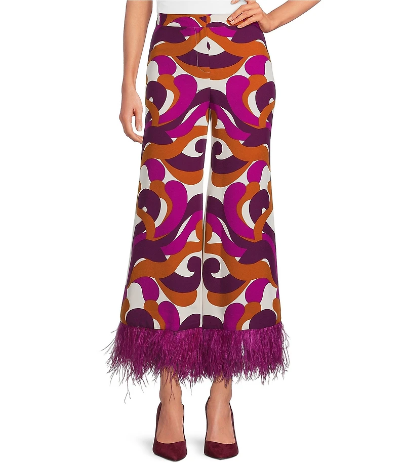 Trina Turk Weekend Coordinating Printed Georgette Wide Leg Cropped Feather Pants