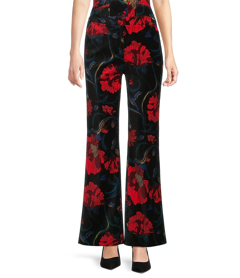 Trina Turk Westport Velveteen Floral Print Flat Front Flare Leg Pants