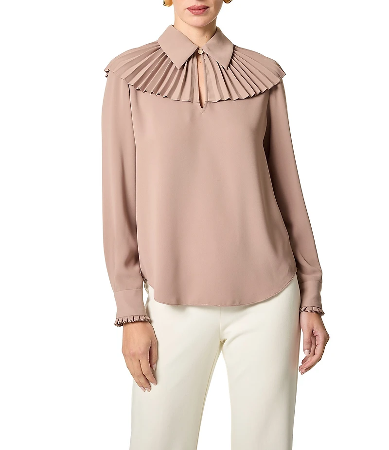 Trina Turk Windmill Georgette Point Collar Pleated Yoke Long Sleeve Top