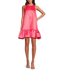 Trina Turk Winner Satin Crew Neck Sleeveless Flounce Ruffle Hem Mini Dress