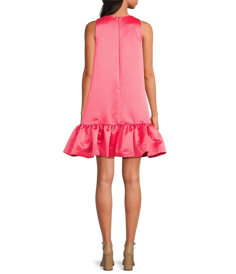 Trina Turk Winner Satin Crew Neck Sleeveless Flounce Ruffle Hem Mini Dress