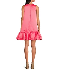 Trina Turk Winner Satin Crew Neck Sleeveless Flounce Ruffle Hem Mini Dress