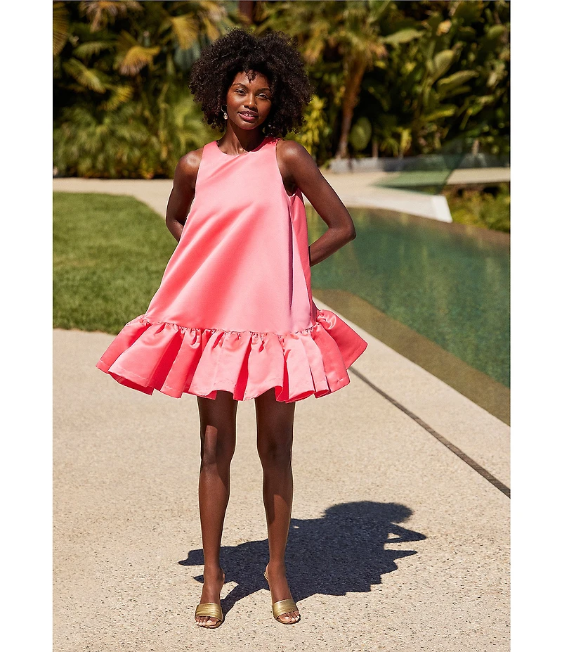 Trina Turk Winner Satin Crew Neck Sleeveless Flounce Ruffle Hem Mini Dress