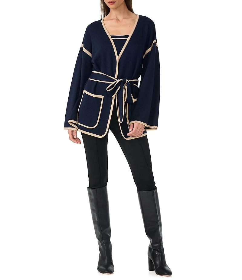 Trina Turk Wright Knit V-Neck Long Sleeve Contrast Trim Tie Wrap Cardigan