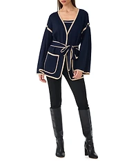 Trina Turk Wright Knit V-Neck Long Sleeve Contrast Trim Tie Wrap Cardigan