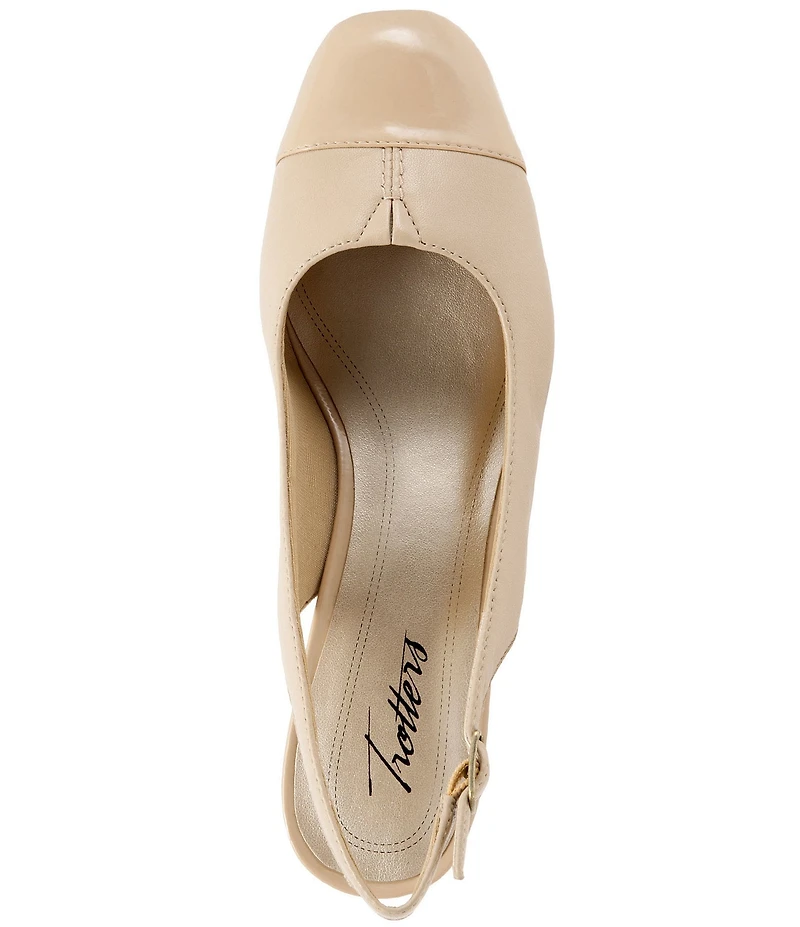 Trotters Dea Leather and Patent Cap Toe Slingback Block Heel Pumps