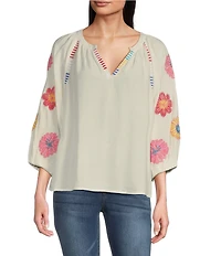 Tru Luxe Jean Split V-Neck 3/4 Sleeve Embroidered Popover Top