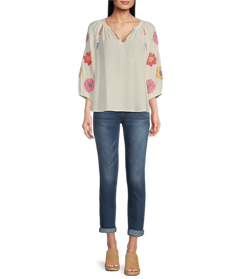 Tru Luxe Jean Split V-Neck 3/4 Sleeve Embroidered Popover Top