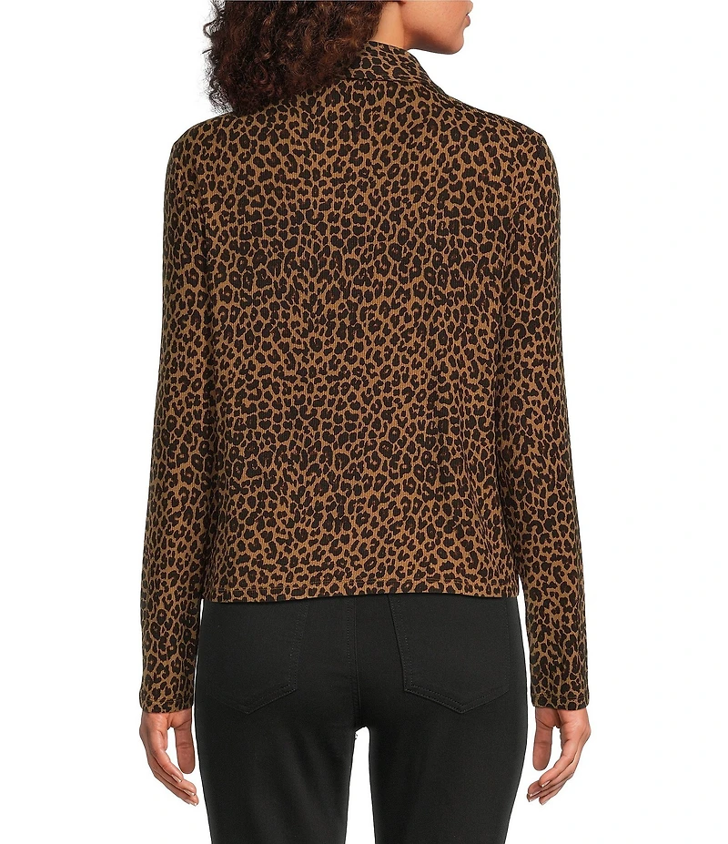 Tru Luxe Jeans Rib Knit Mini Leopard Print Point Collar Long Sleeve Shirt