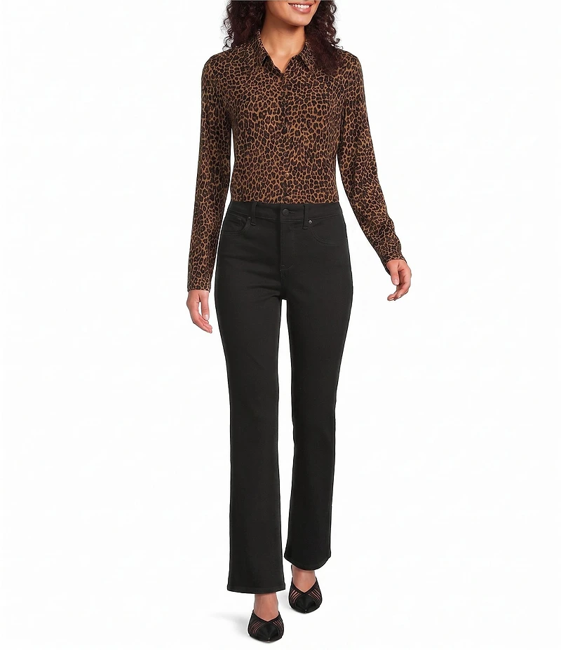 Tru Luxe Jeans Rib Knit Mini Leopard Print Point Collar Long Sleeve Shirt