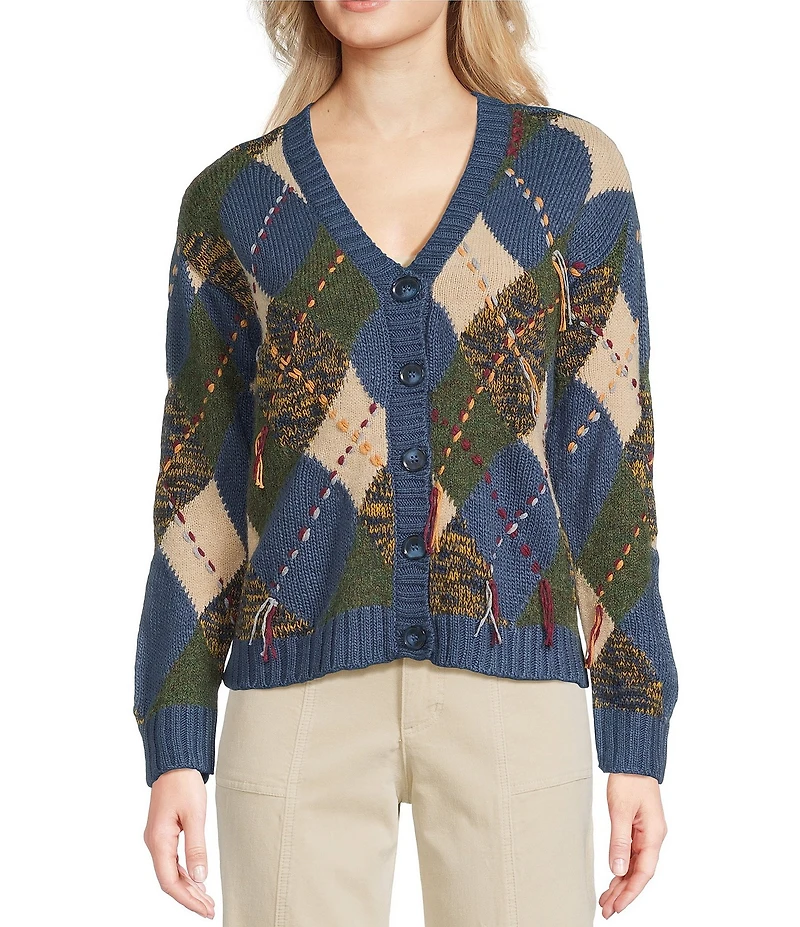 Tru Luxe Jeans Argyle Crew Neck Long Sleeve Button Front Cardigan