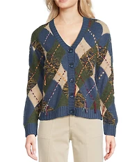 Tru Luxe Jeans Argyle Crew Neck Long Sleeve Button Front Cardigan