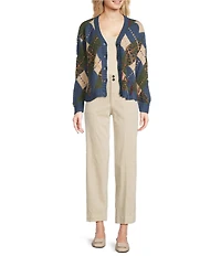 Tru Luxe Jeans Argyle Crew Neck Long Sleeve Button Front Cardigan