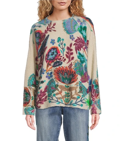 Tru Luxe Jeans Botanical Print Eyelash Funnel Neck Long Sleeve Sweater