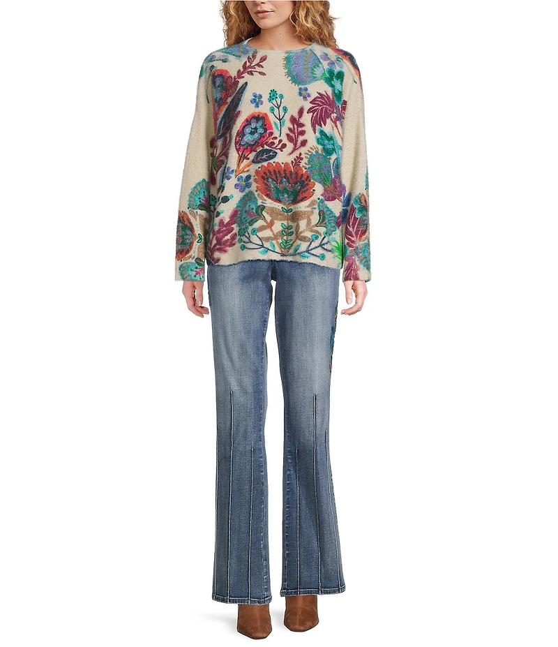 Tru Luxe Jeans Botanical Print Eyelash Funnel Neck Long Sleeve Sweater