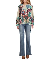 Tru Luxe Jeans Botanical Print Eyelash Funnel Neck Long Sleeve Sweater