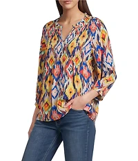 Tru Luxe Jeans Challis Ikat Abstract Diamond Ruffle Split V-Neck 3/4 Sleeve Top