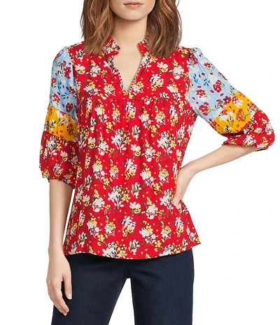 Tru Luxe Jeans Challis Mixed Floral Stand Collar Split V-Neck 3/4 Tiered Balloon Sleeve Top