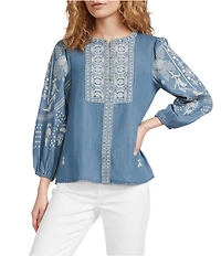Tru Luxe Jeans Chambray Floral Embroidered Round Neckline Long Sleeve Top