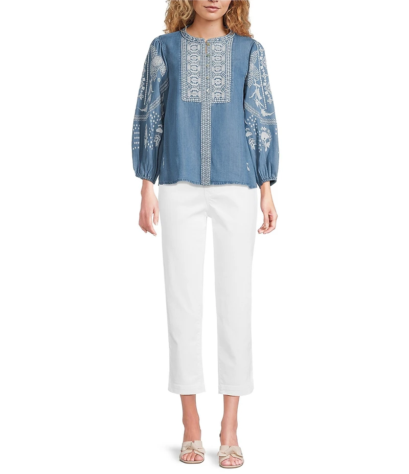 Tru Luxe Jeans Chambray Floral Embroidered Round Neckline Long Sleeve Top