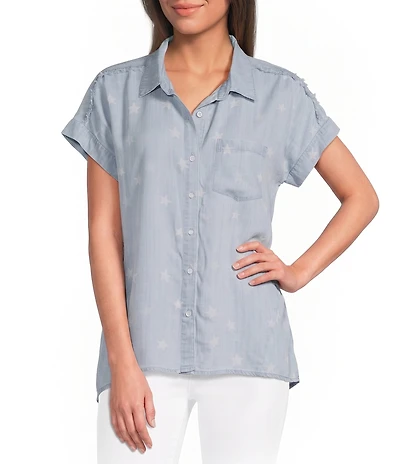 Tru Luxe Jeans Chambray Mini Star Point Collar Cap Sleeve Button Front Shirt