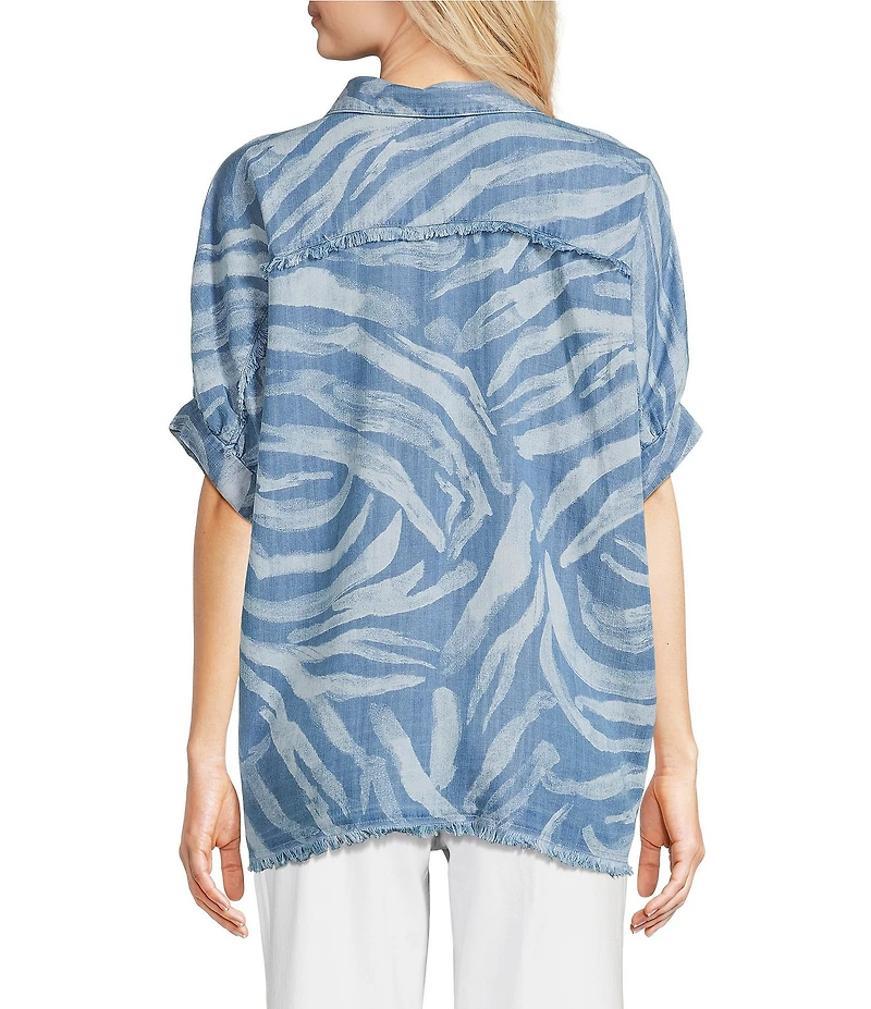 Tru Luxe Jeans Chambray Point Collar Elbow Sleeve Button Front Shirt