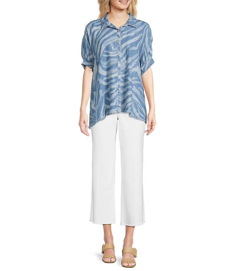 Tru Luxe Jeans Chambray Point Collar Elbow Sleeve Button Front Shirt
