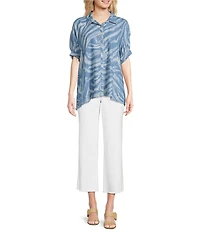 Tru Luxe Jeans Chambray Point Collar Elbow Sleeve Button Front Shirt