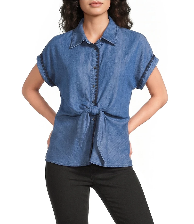 Tru Luxe Jeans Chambray Point Collar Short Sleeve Tie Front Shirt