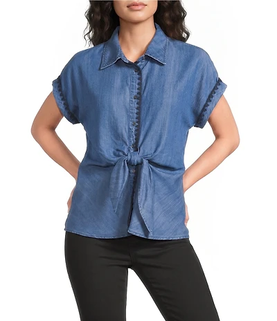 Tru Luxe Jeans Chambray Point Collar Short Sleeve Tie Front Shirt