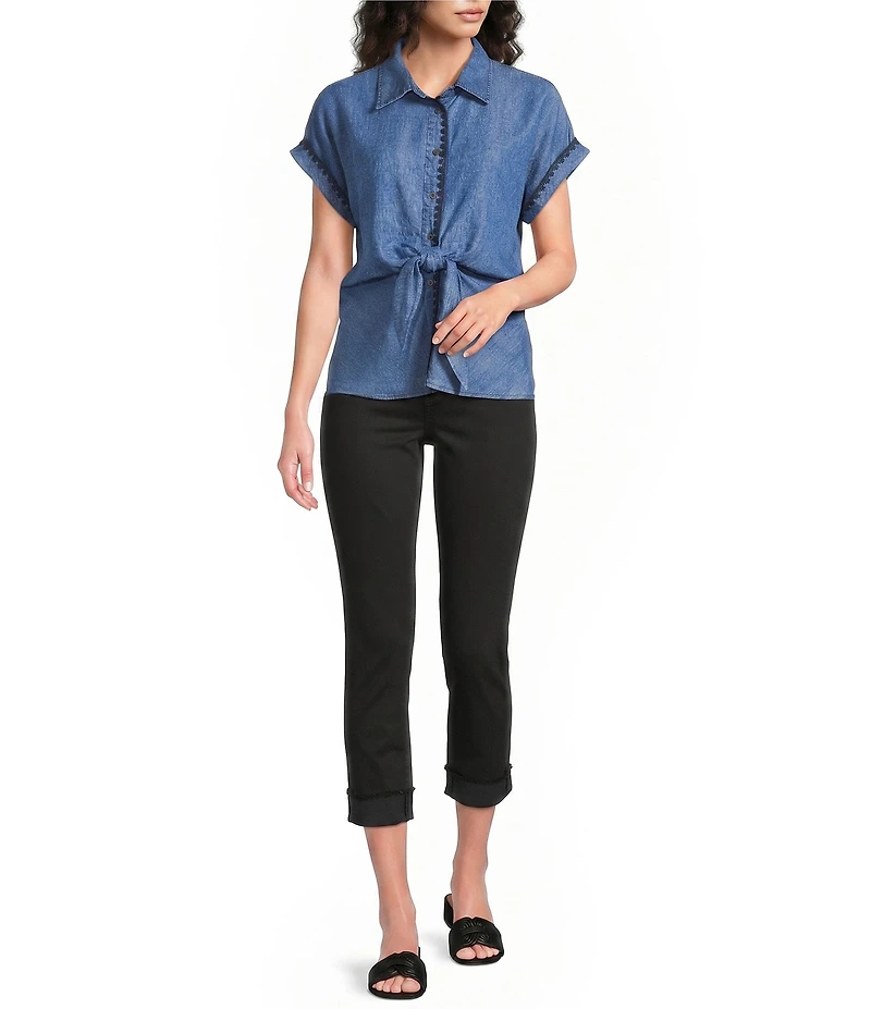 Tru Luxe Jeans Chambray Point Collar Short Sleeve Tie Front Shirt