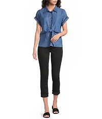 Tru Luxe Jeans Chambray Point Collar Short Sleeve Tie Front Shirt