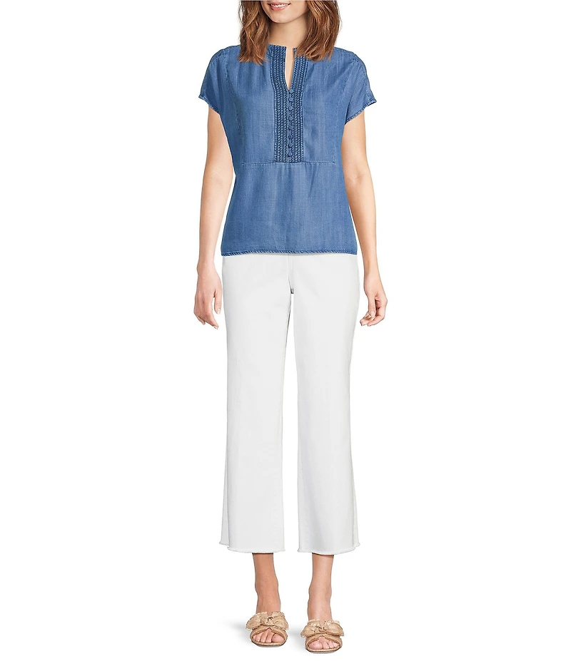 Tru Luxe Jeans Chambray Split V-Neck Cap Sleeve Crochet Trim Top
