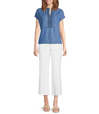 Tru Luxe Jeans Chambray Split V-Neck Cap Sleeve Crochet Trim Top