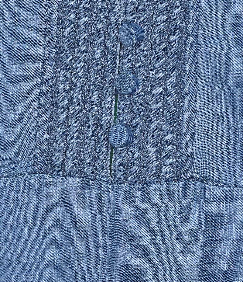 Tru Luxe Jeans Chambray Split V-Neck Cap Sleeve Crochet Trim Top