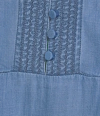 Tru Luxe Jeans Chambray Split V-Neck Cap Sleeve Crochet Trim Top