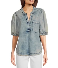 Tru Luxe Jeans Chambray Split V-Neck Short Sleeve Henley Top