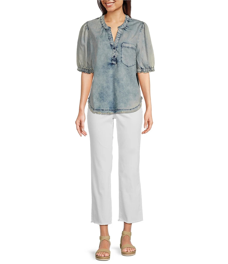 Tru Luxe Jeans Chambray Split V-Neck Short Sleeve Henley Top