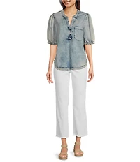Tru Luxe Jeans Chambray Split V-Neck Short Sleeve Henley Top