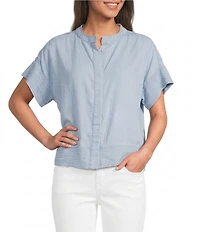 Tru Luxe Jeans Chambray Stand Collar Short Sleeve Hidden Button Front Top