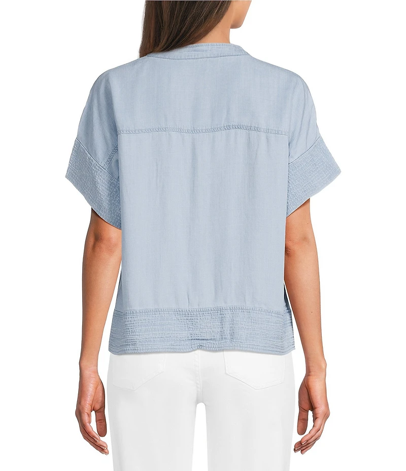 Tru Luxe Jeans Chambray Stand Collar Short Sleeve Hidden Button Front Top