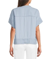 Tru Luxe Jeans Chambray Stand Collar Short Sleeve Hidden Button Front Top