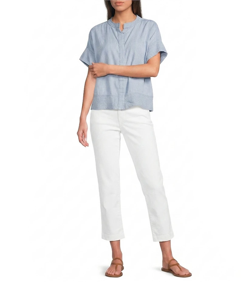 Tru Luxe Jeans Chambray Stand Collar Short Sleeve Hidden Button Front Top